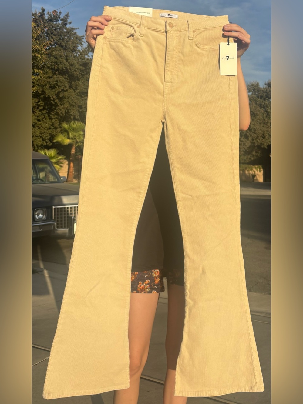 7 for all mankind tan high-waist wide-leg corduroy pants.